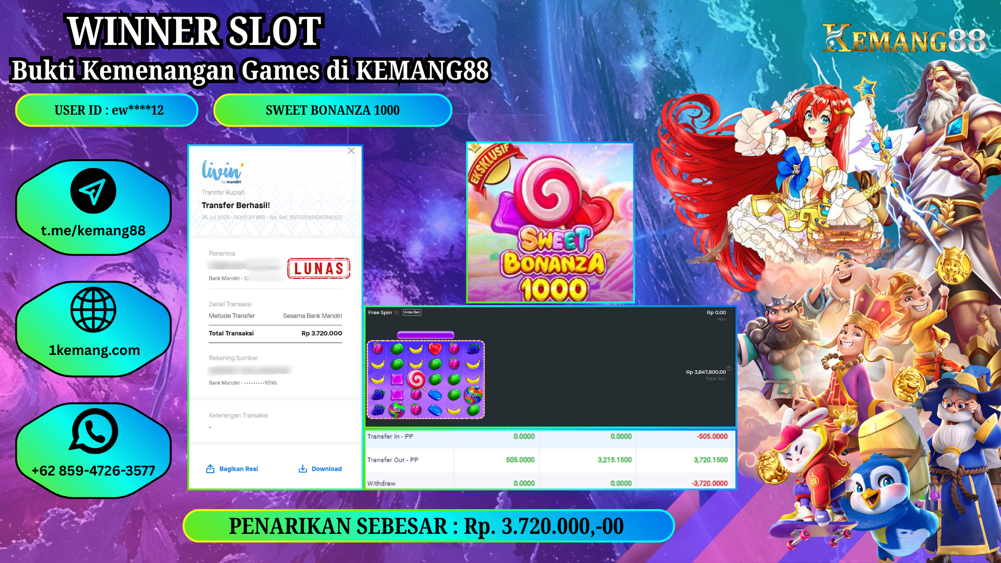 KEMANG88 [25 JULY 2025] : JACKPOT SLOT :  SWEET BONANZA 1000 [PP]  Rp.3.720.000.,- LUNAS